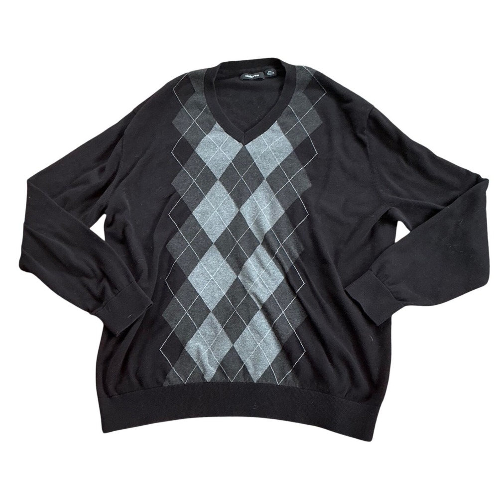 Claiborne Mens Argyle V-Neck Sweater Black Grey 100% Cotton 2XLT Big & Tall